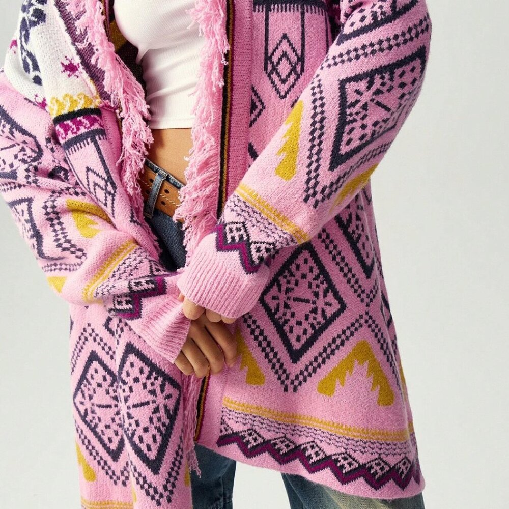 Pink Geometric Aztec Print Fringe Cardigan - Picture 11 of 15